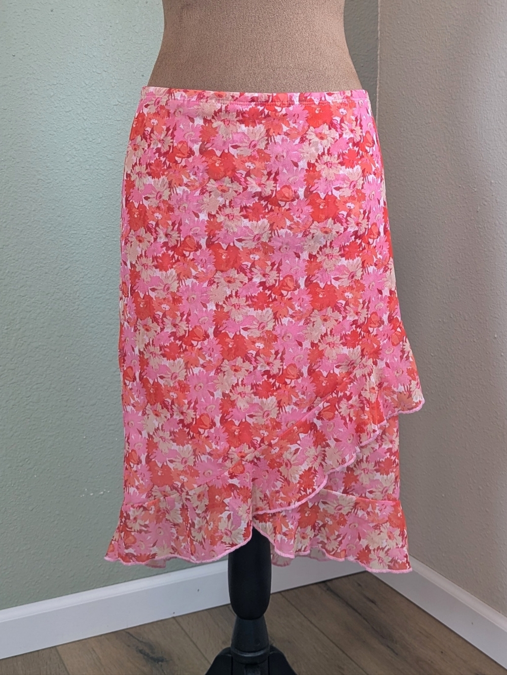 Vintage Y2K Timing Tropical Hibiscus Pink Mesh Asymmetrical Ruffle Skirt